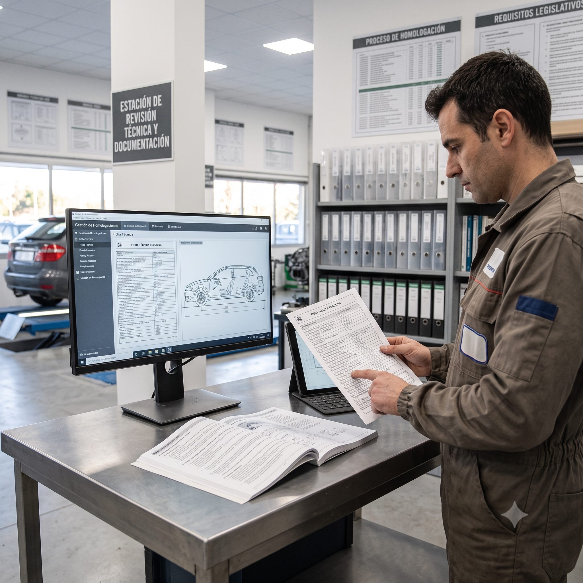 Técnico revisando documentación de homologación de vehículo para ITV